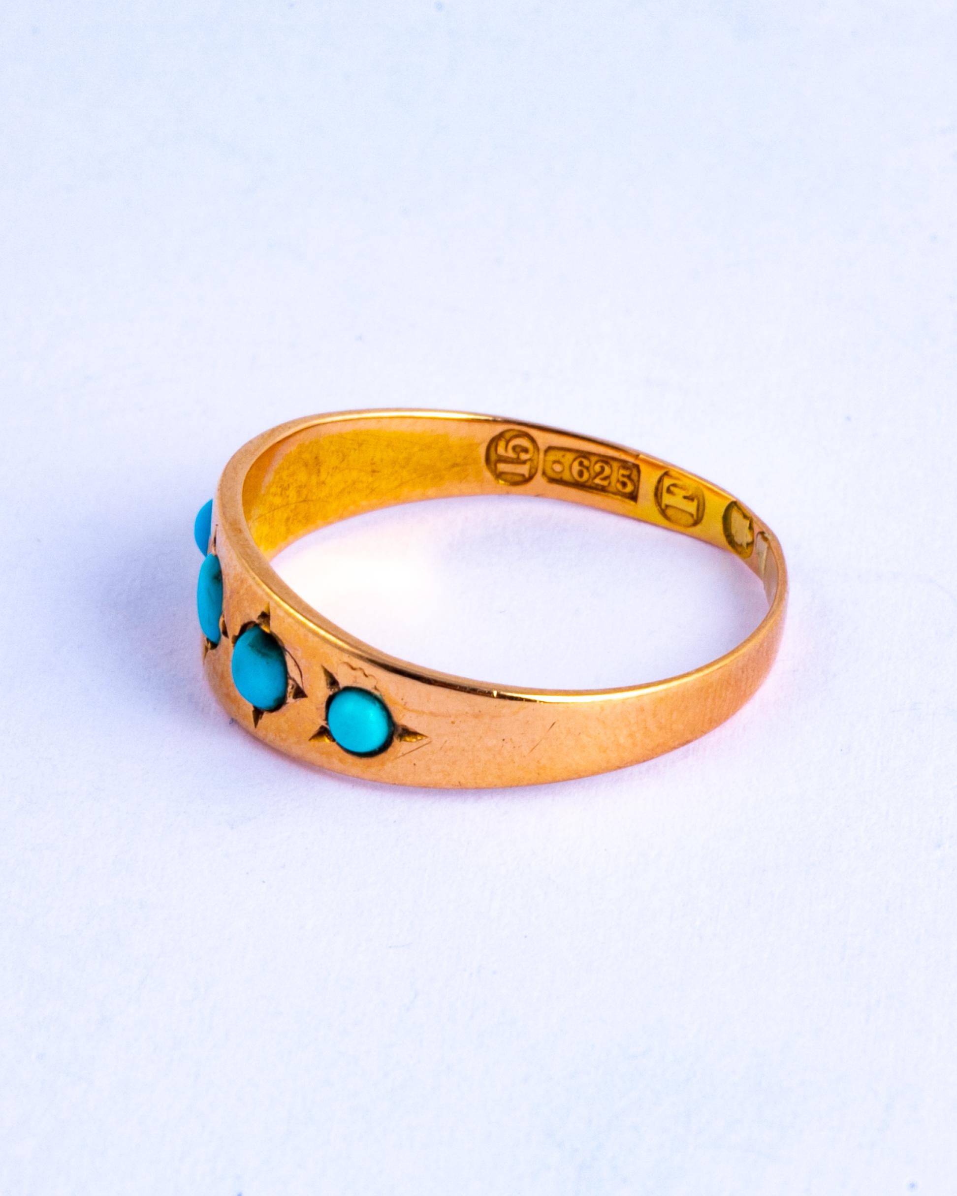 Cabochon Edwardian Turquoise and 15 Carat Gold Five-Stone Band For Sale