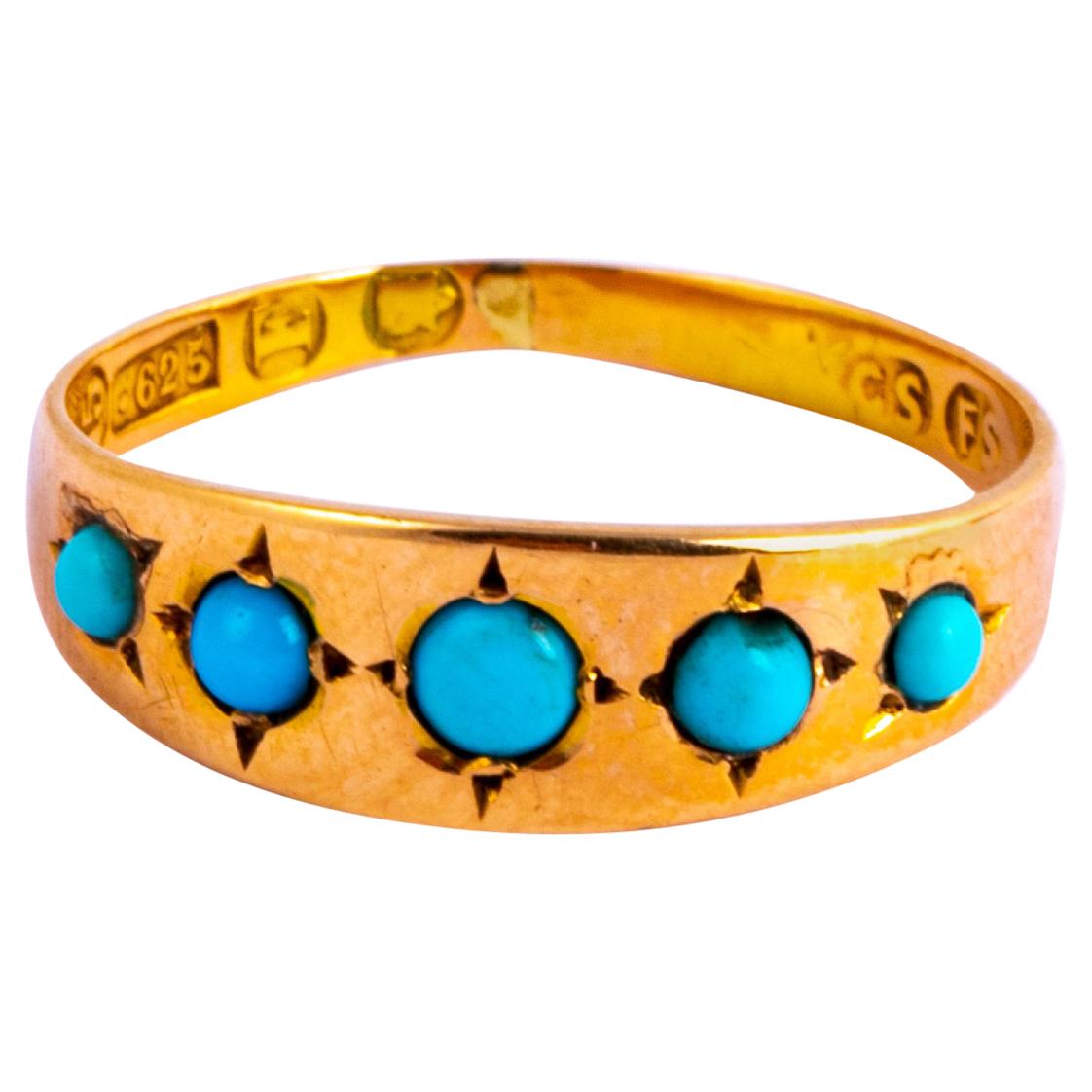 Edwardian Turquoise and 15 Carat Gold Five-Stone Band For Sale