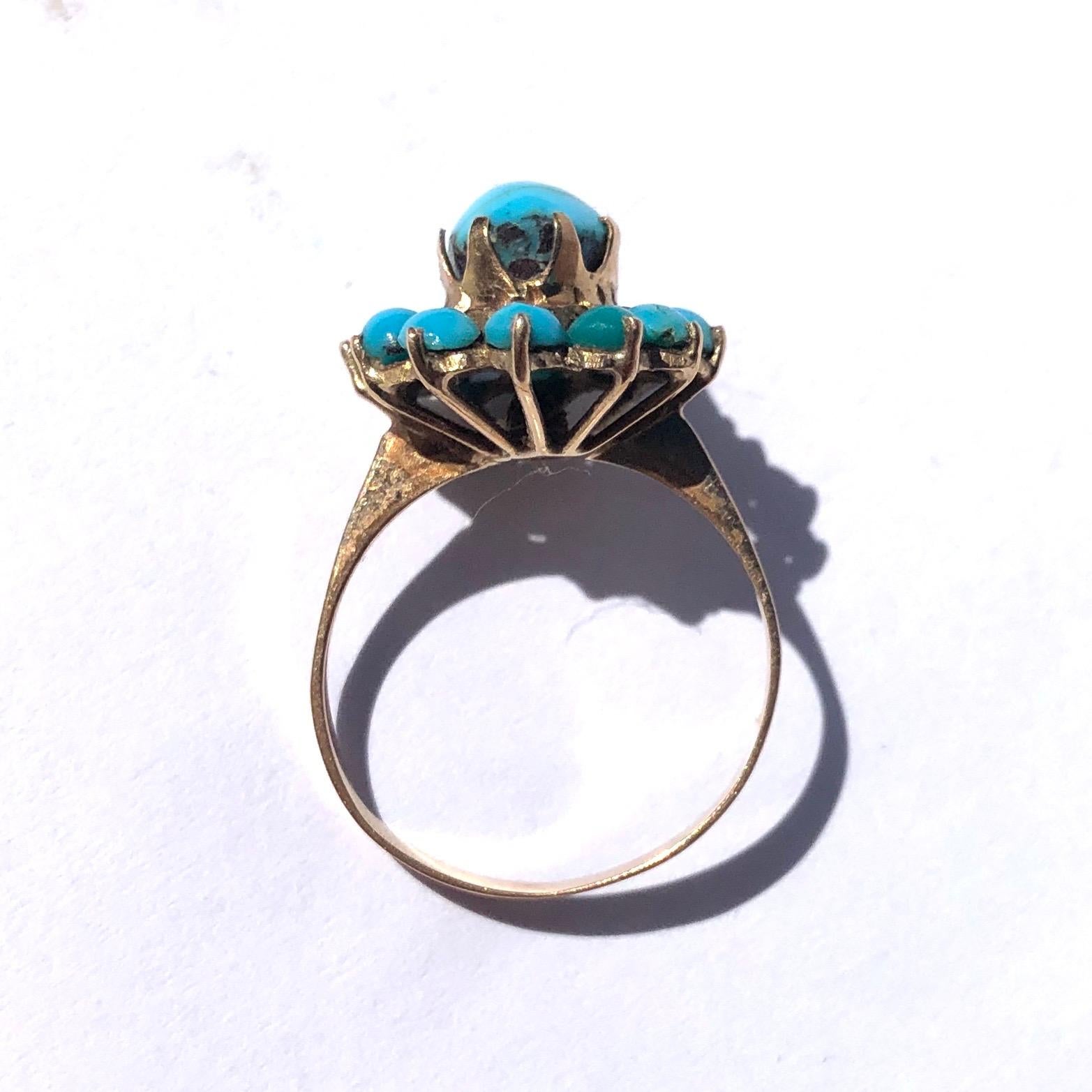 Cabochon Edwardian Turquoise and 18 Carat Gold Cluster Ring