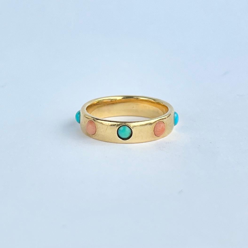 Cabochon Edwardian Turquoise and Coral 18 Carat Gold Band For Sale