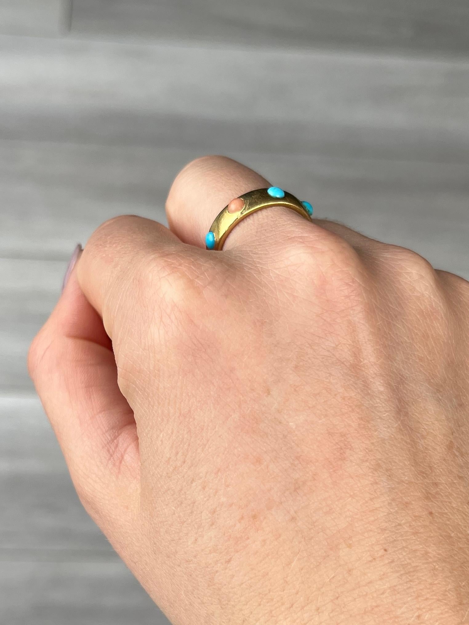 Women's or Men's Edwardian Turquoise and Coral 18 Carat Gold Band For Sale