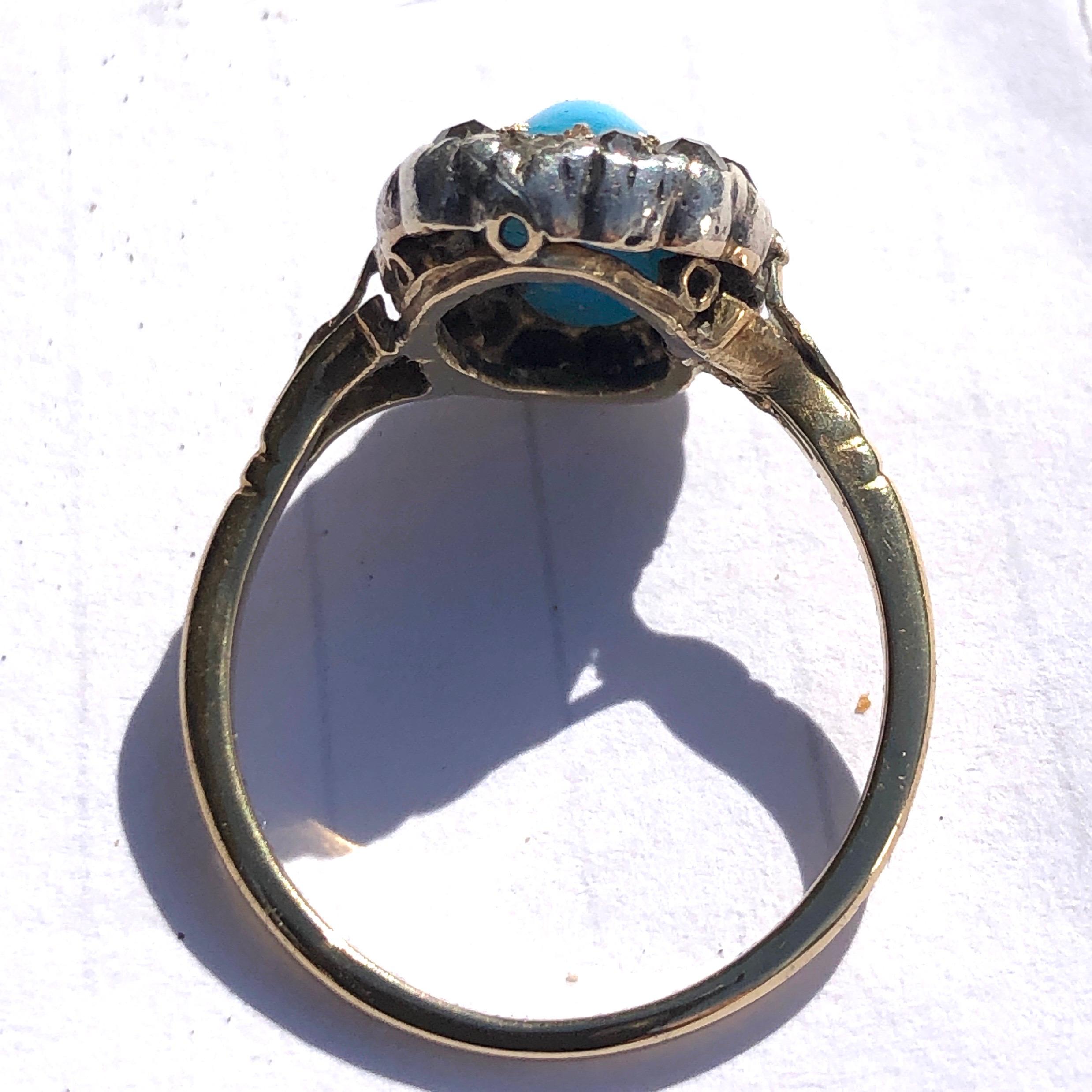 Women's Edwardian Turquoise and Diamond 18 Carat Gold Cluster Ring For Sale