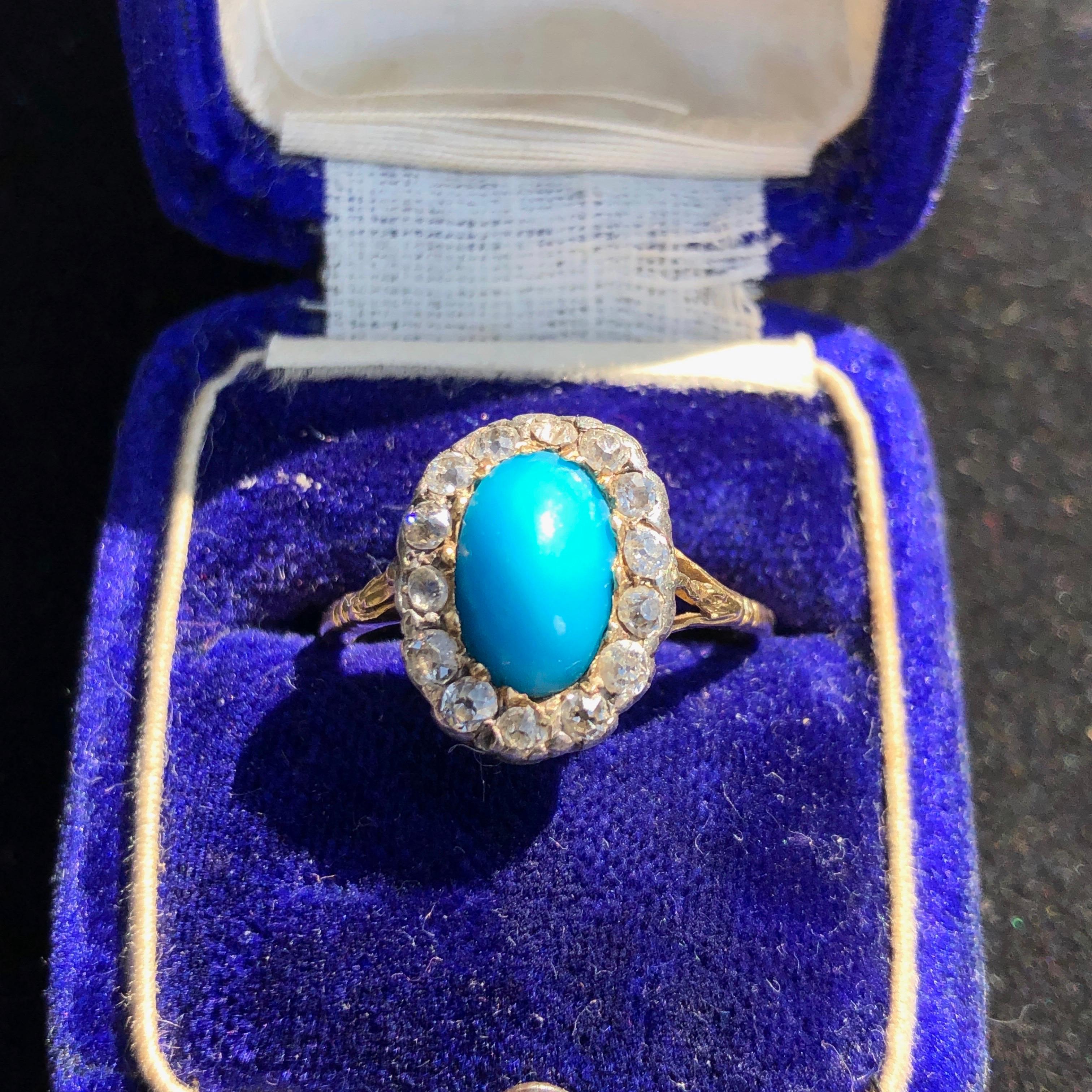 Edwardian Turquoise and Diamond 18 Carat Gold Cluster Ring For Sale 1