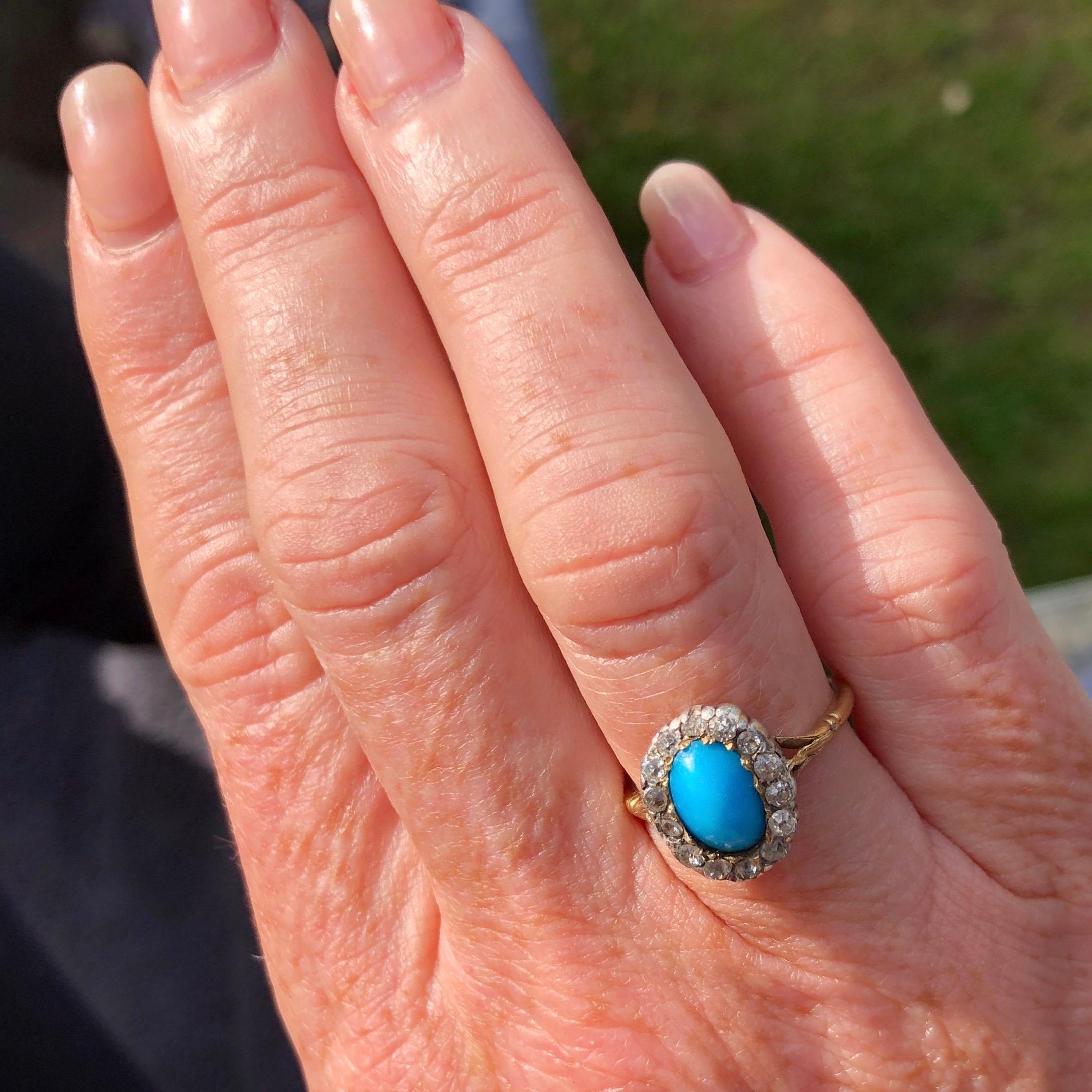 Edwardian Turquoise and Diamond 18 Carat Gold Cluster Ring For Sale 2