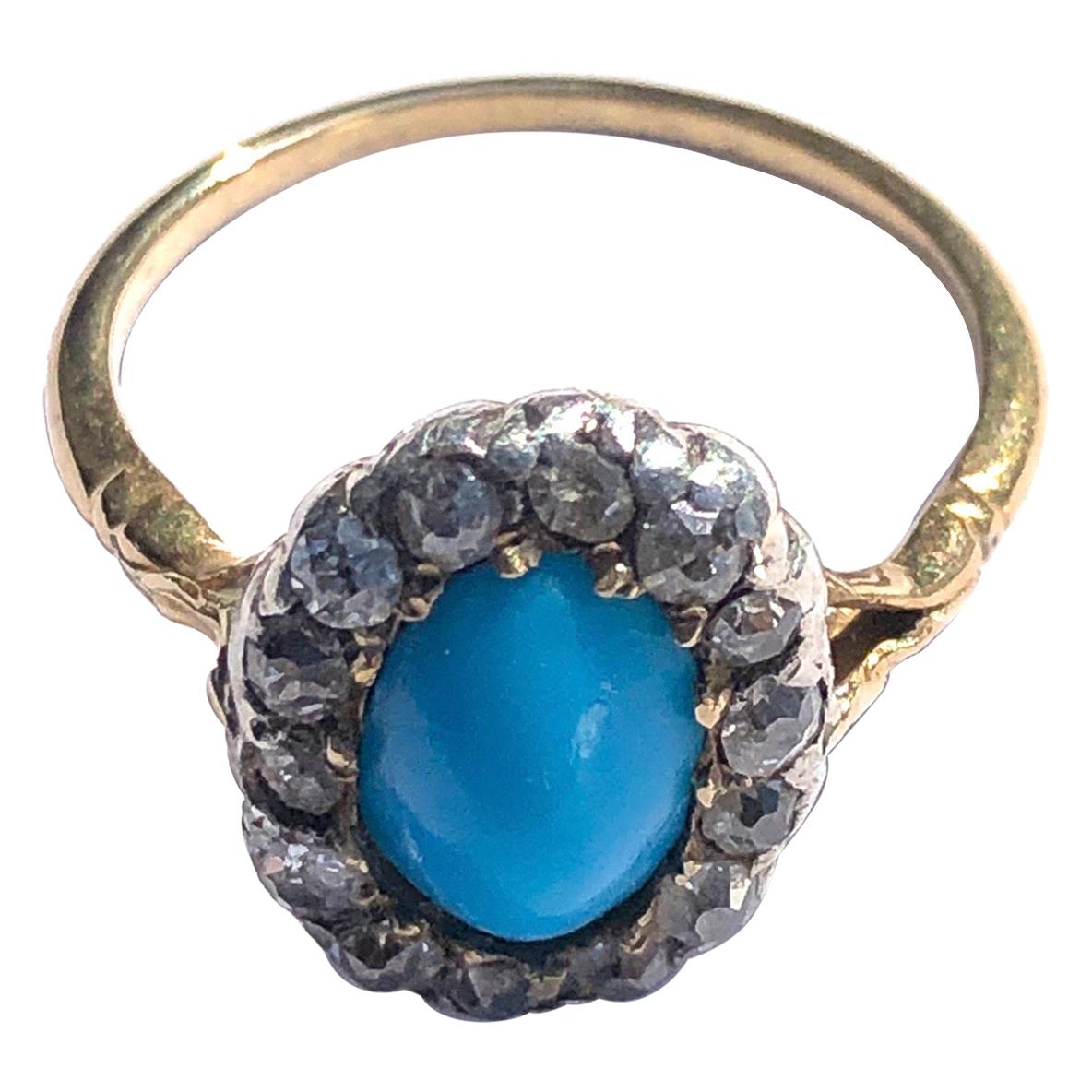 Edwardian Turquoise and Diamond 18 Carat Gold Cluster Ring For Sale