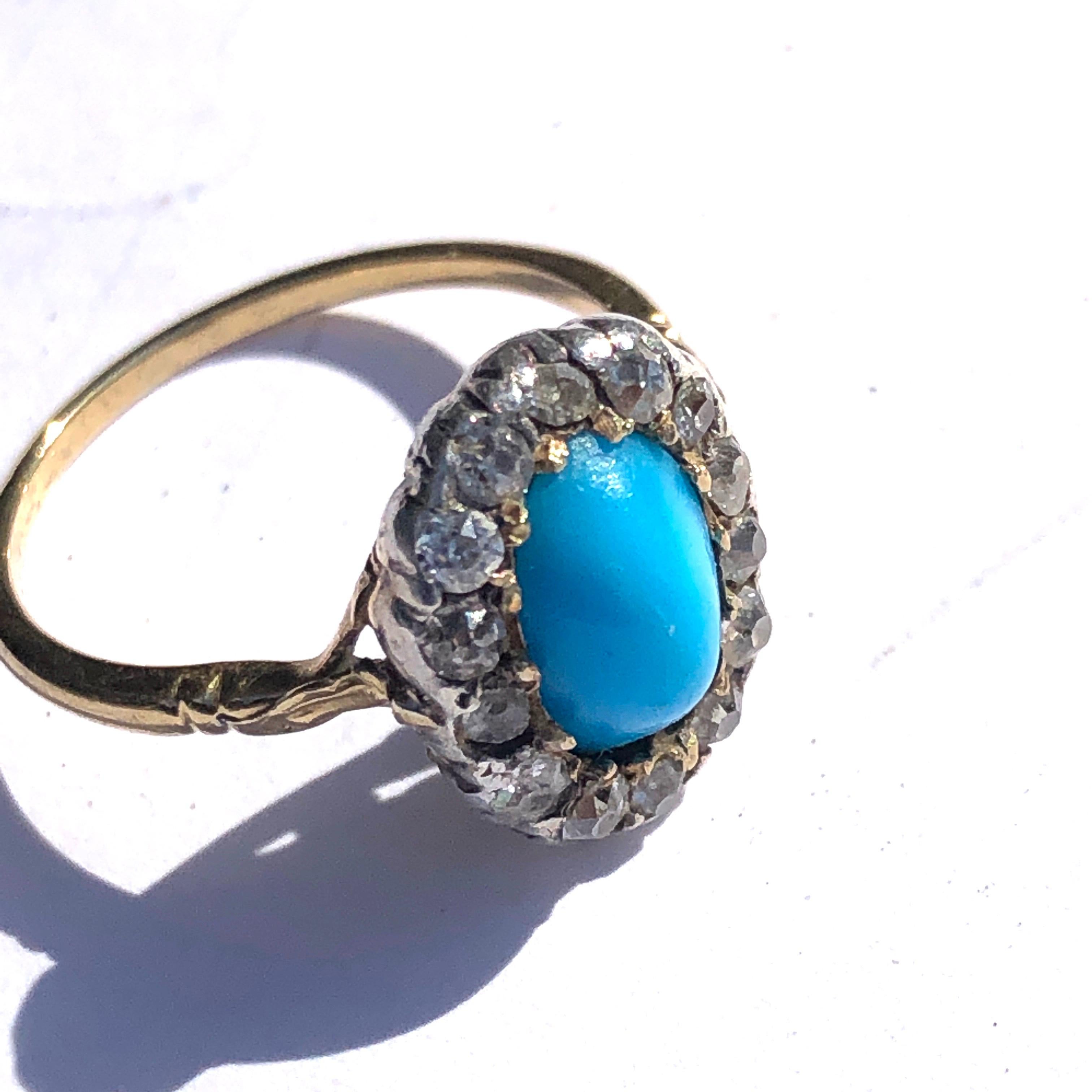 Edwardian Turquoise and Diamond 18 Carat Gold Cluster Ring In Good Condition For Sale In Chipping Campden, GB