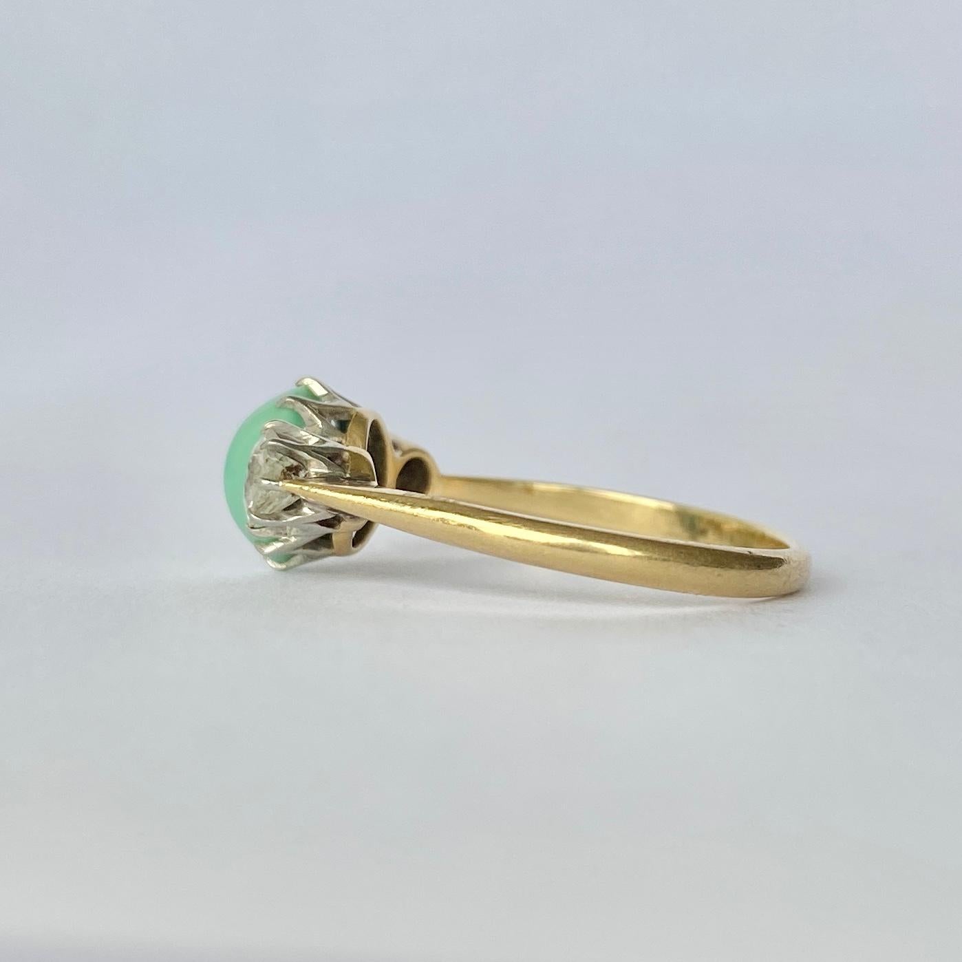 Old Mine Cut Edwardian Turquoise and Diamond 18 Carat Gold Three-Stone Ring For Sale