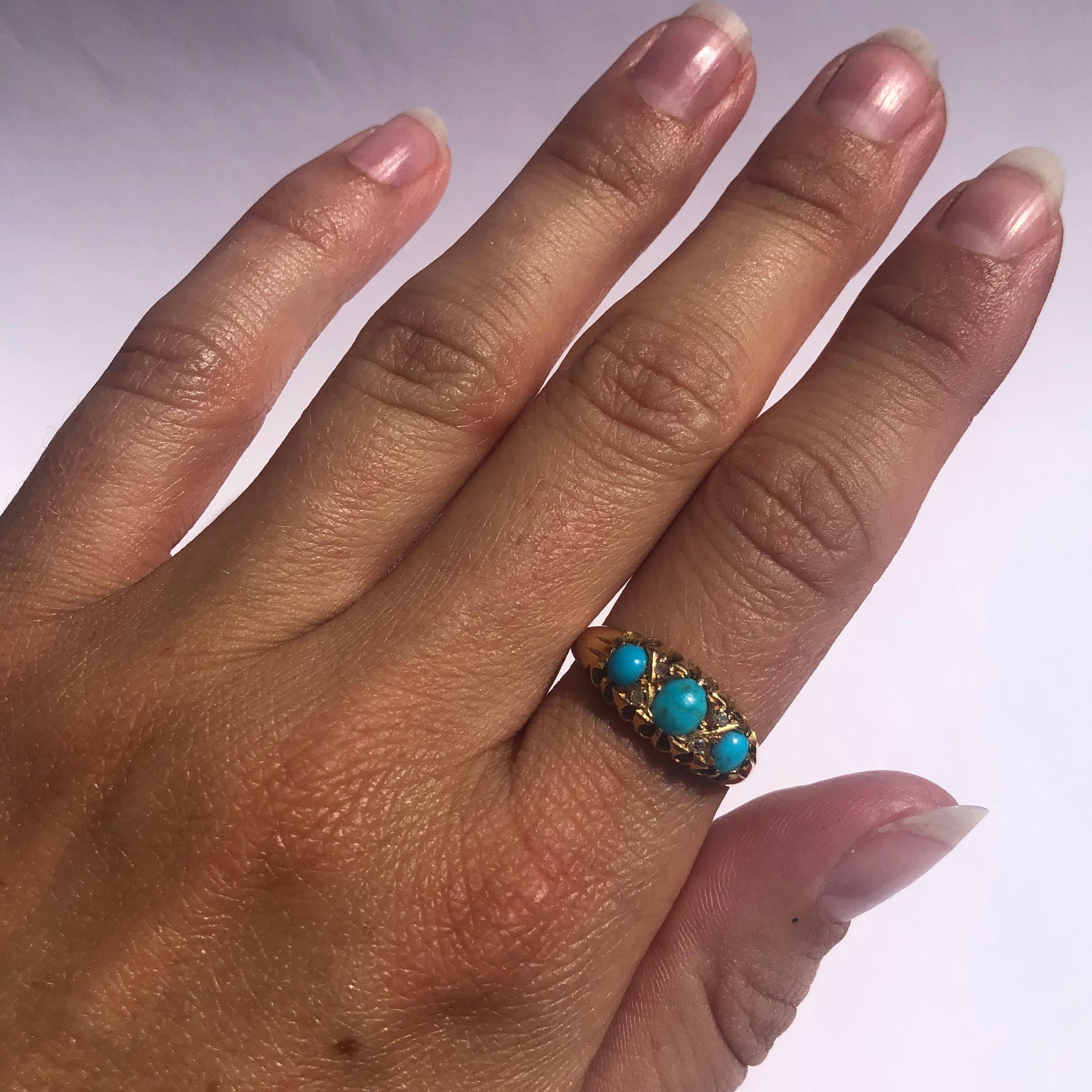 Cabochon Edwardian Turquoise and Diamond 18 Carat Gold Three-Stone Ring