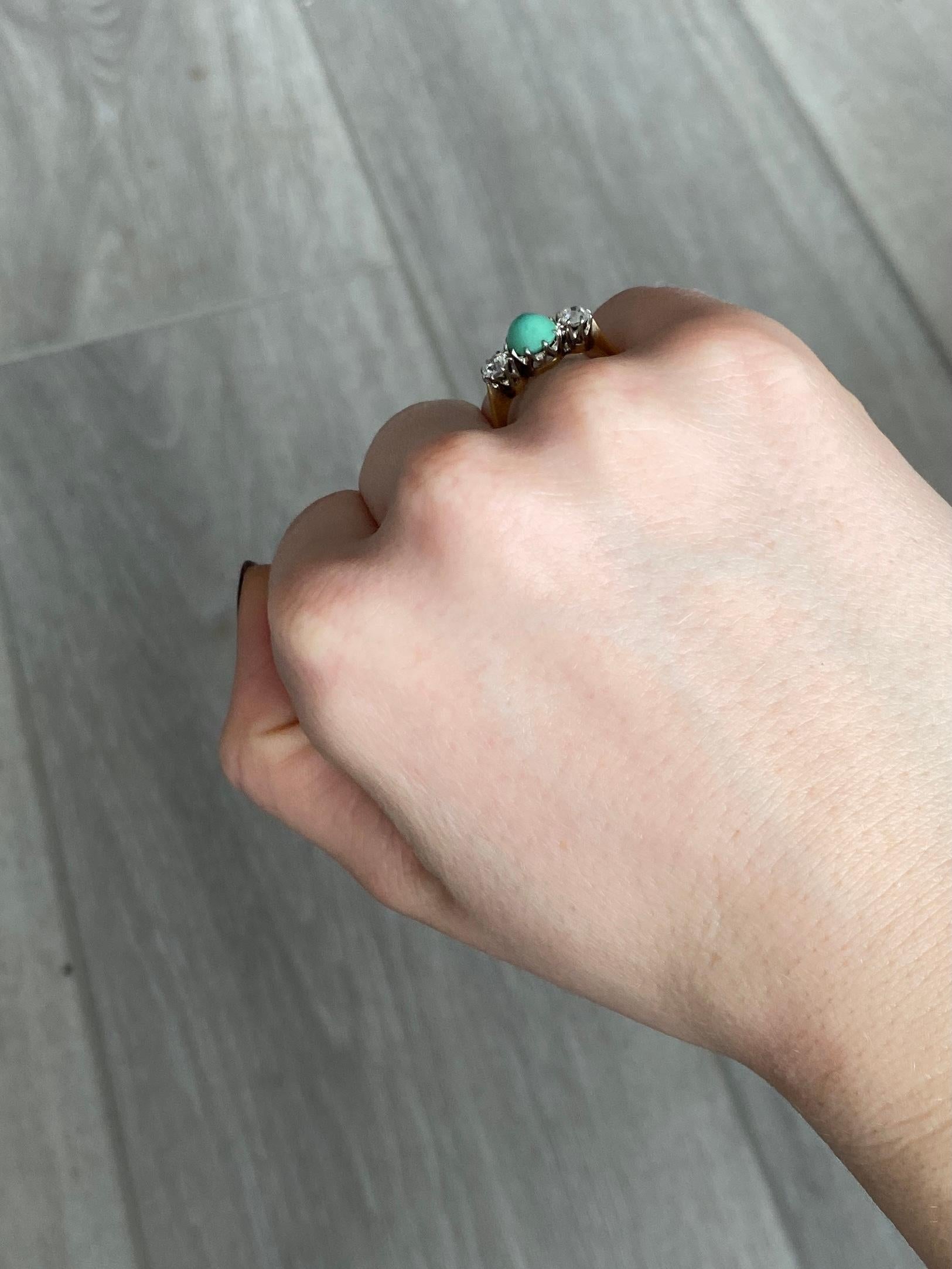 Edwardian Turquoise and Diamond 18 Carat Gold Three-Stone Ring For Sale 1