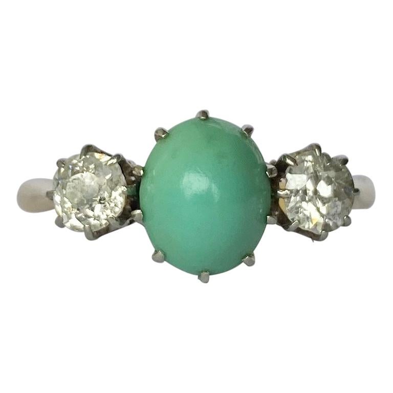 Edwardian Turquoise and Diamond 18 Carat Gold Three-Stone Ring