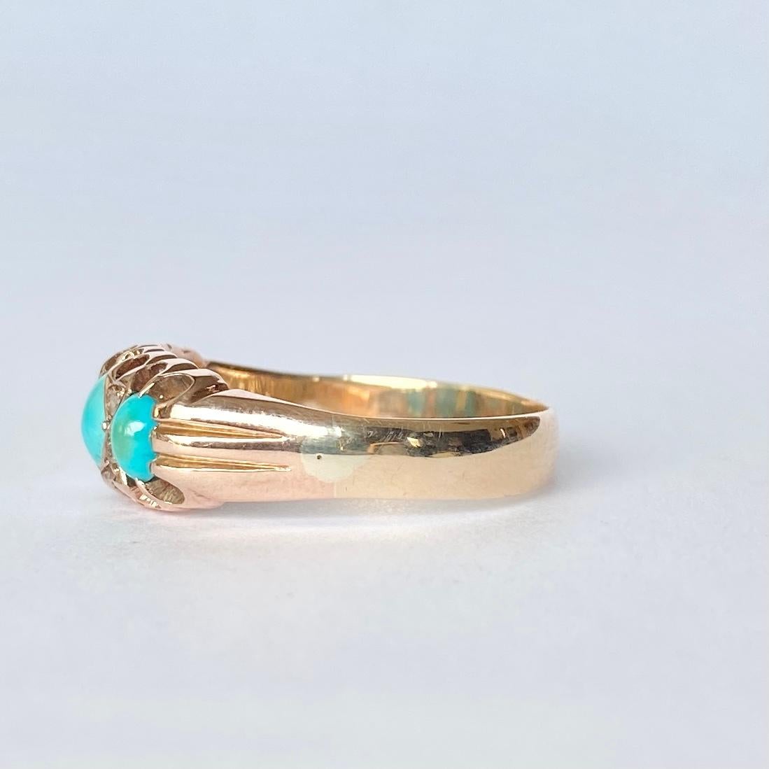 Victorian Edwardian Turquoise and Diamond 9 Carat Gold Three-Stone Ring