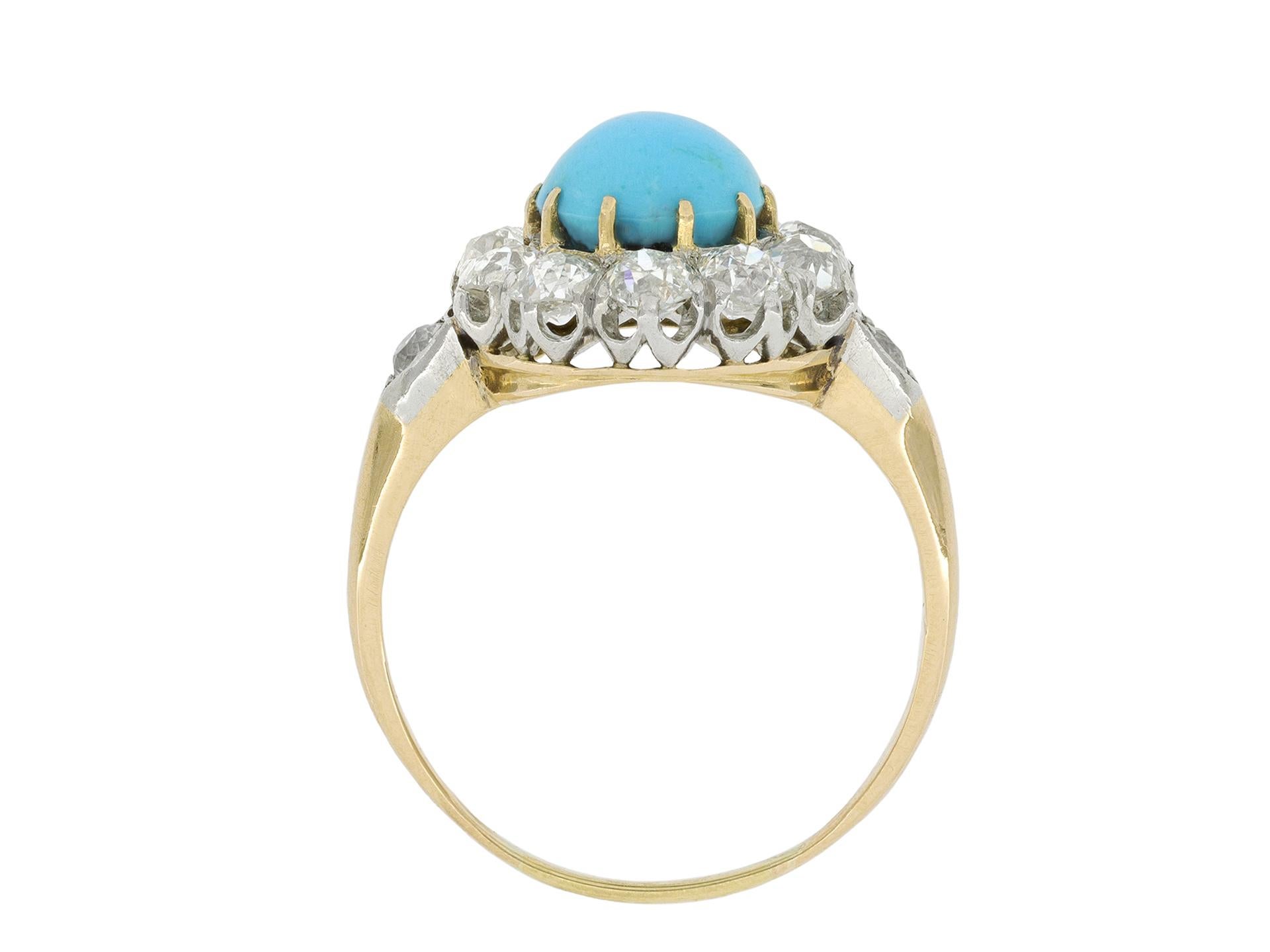 Antique Cushion Cut Edwardian turquoise and diamond coronet cluster ring, circa 1905. For Sale