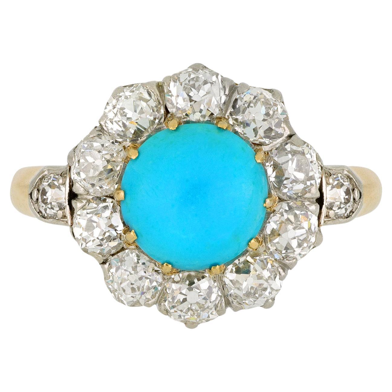 Edwardian turquoise and diamond coronet cluster ring, circa 1905. For Sale
