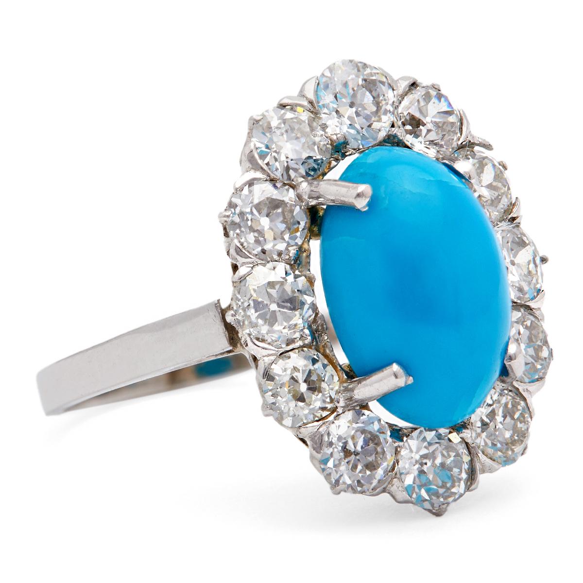 Women's or Men's Edwardian Turquoise and Diamond Platinum Cluster Ring