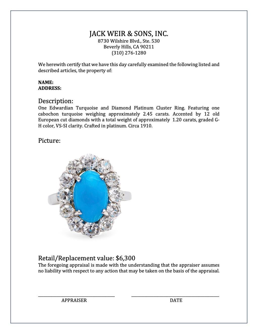 Edwardian Turquoise and Diamond Platinum Cluster Ring 2