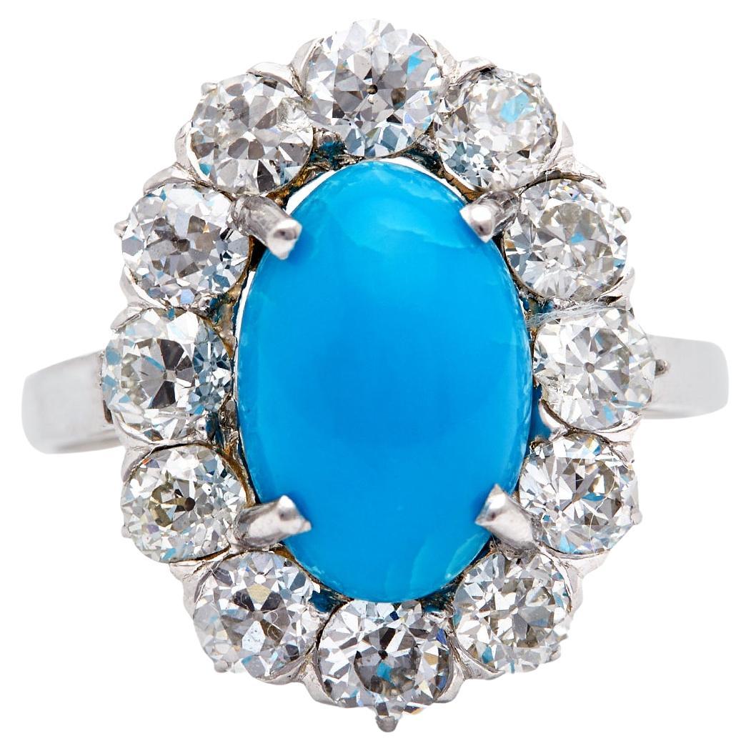 Edwardian Turquoise and Diamond Platinum Cluster Ring