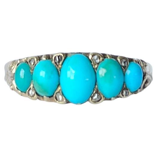 Edwardian Turquoise and Diamond Point Five-Stone 15 Carat Gold Ring