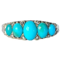 Vintage Edwardian Turquoise and Diamond Point Five-Stone 15 Carat Gold Ring