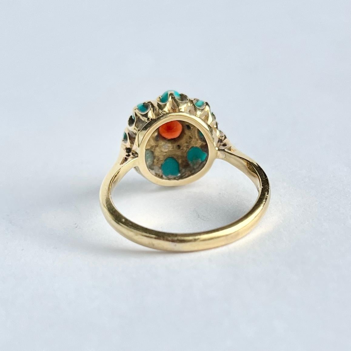 Anello a grappolo in oro 18 carati con turchese e granato di epoca edoardiana In condizioni buone in vendita a Chipping Campden, GB