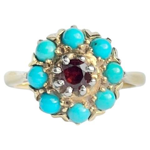 Edwardian Turquoise and Garnet 18 Carat Gold Cluster Ring
