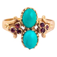 Edwardian Turquoise and Garnet 9 Carat Gold Ring