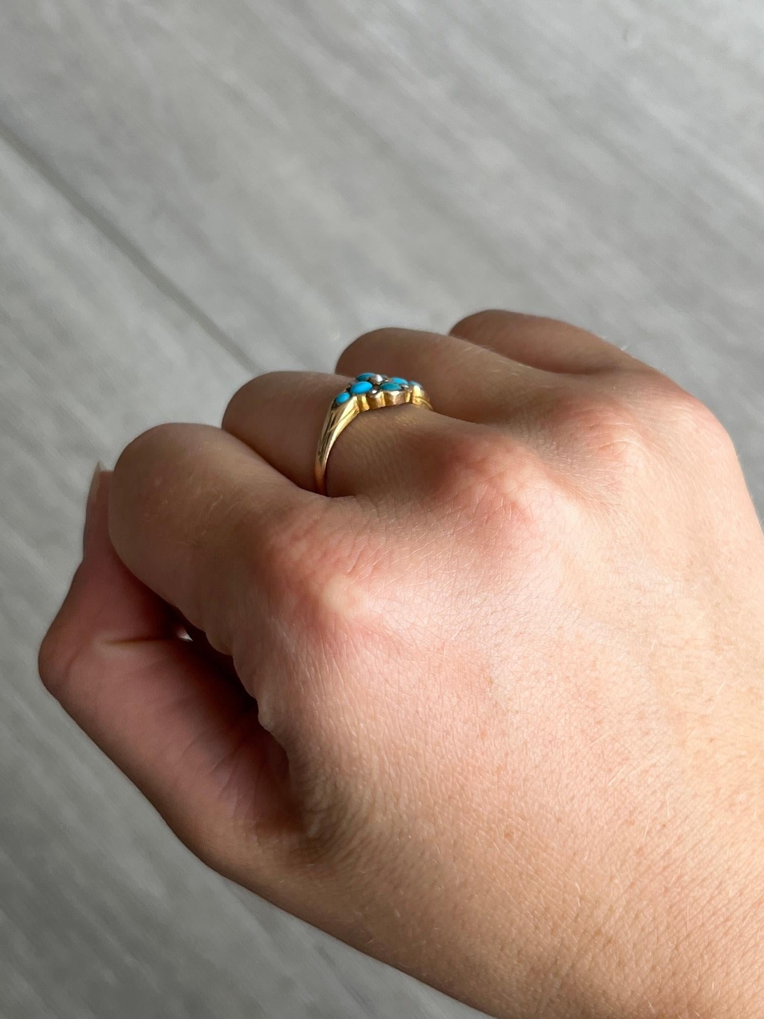 This beauty has a simple 15ct gold shank. There are six turquoise stones and fie seed pearls. Fully hallmarked Birmingham 1901.

Ring Size: M or 6 1/4 
Cluster Diamater: 9mm

Weight: 2.1g