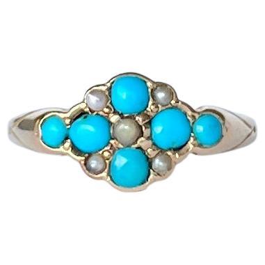 Edwardian Turquoise and Pearl 15 Carat Gold Cluster Locket Back Ring