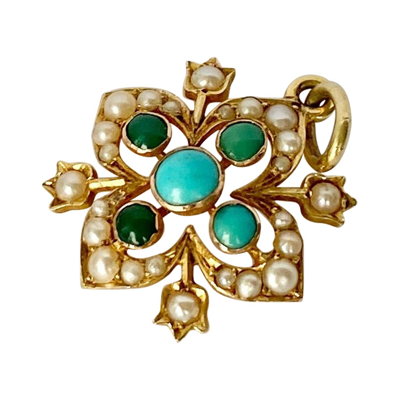 Edwardian Turquoise and Pearl 15 Carat Gold Pendant