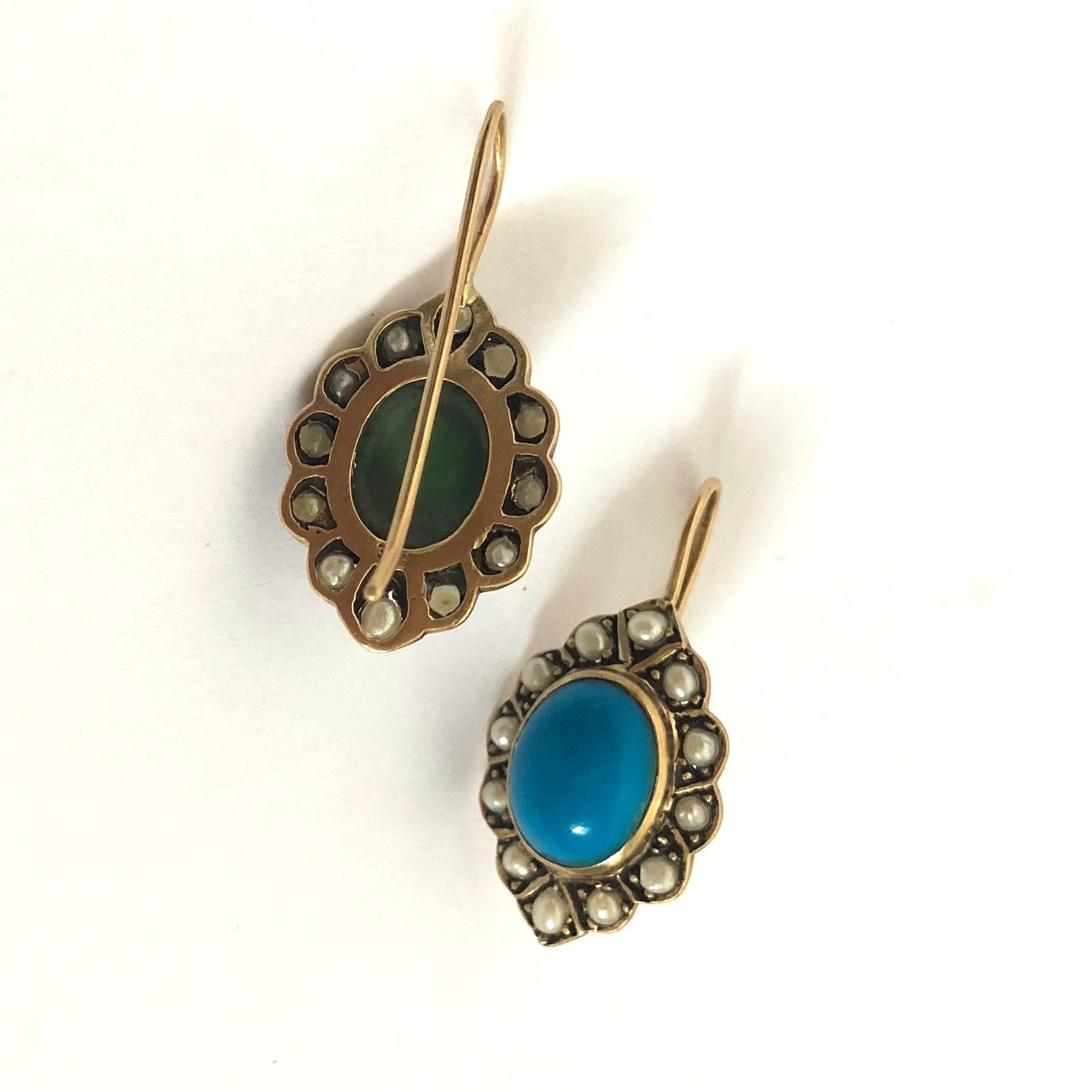 Cabochon Edwardian Turquoise and Pearl 9 Carat Gold Cluster Earrings