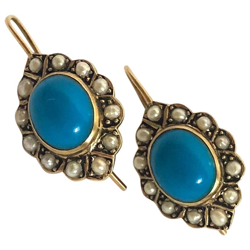 Edwardian Turquoise and Pearl 9 Carat Gold Cluster Earrings