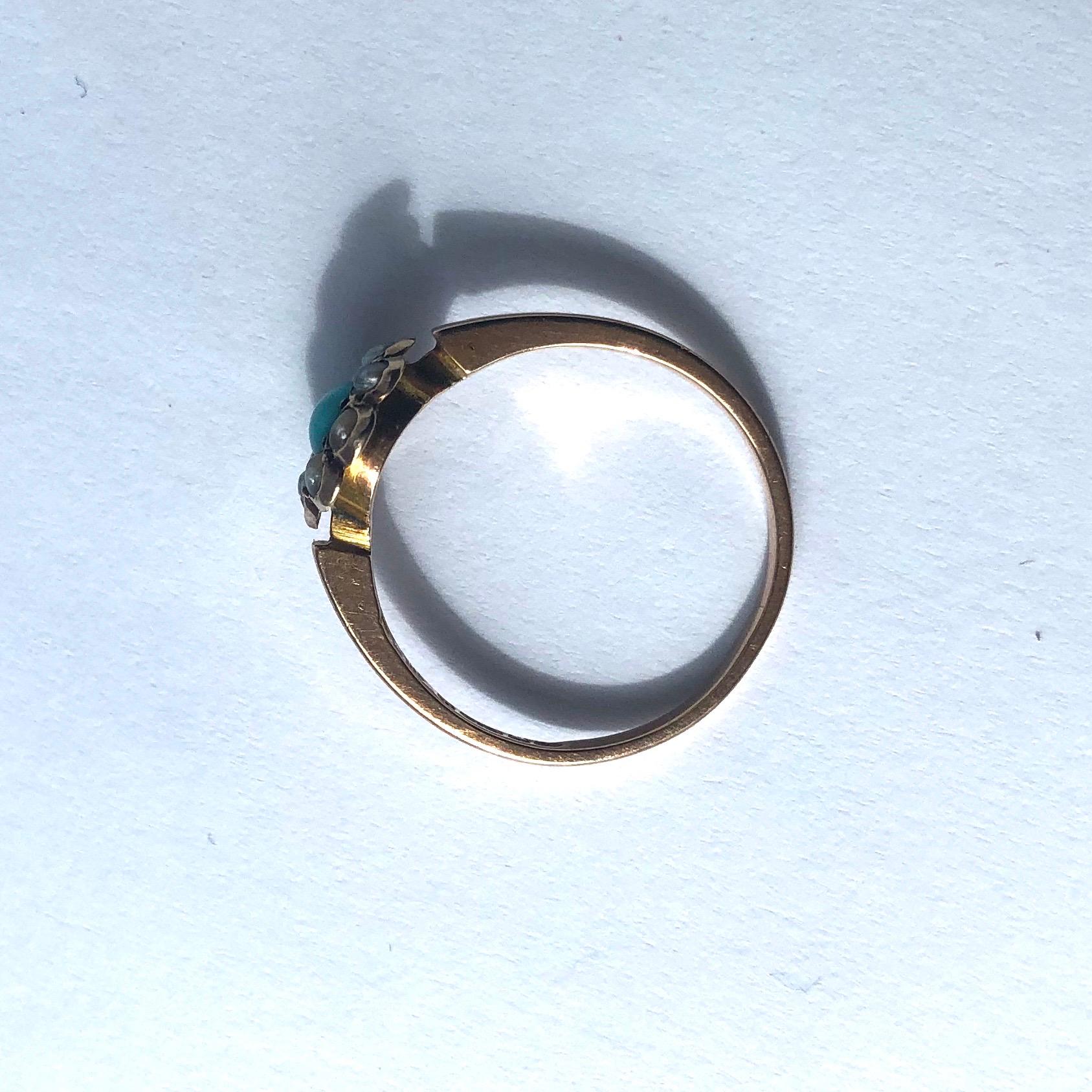 Edwardianischer Türkis- und Perlen-Cluster-Ring aus 9 Karat Gold Damen