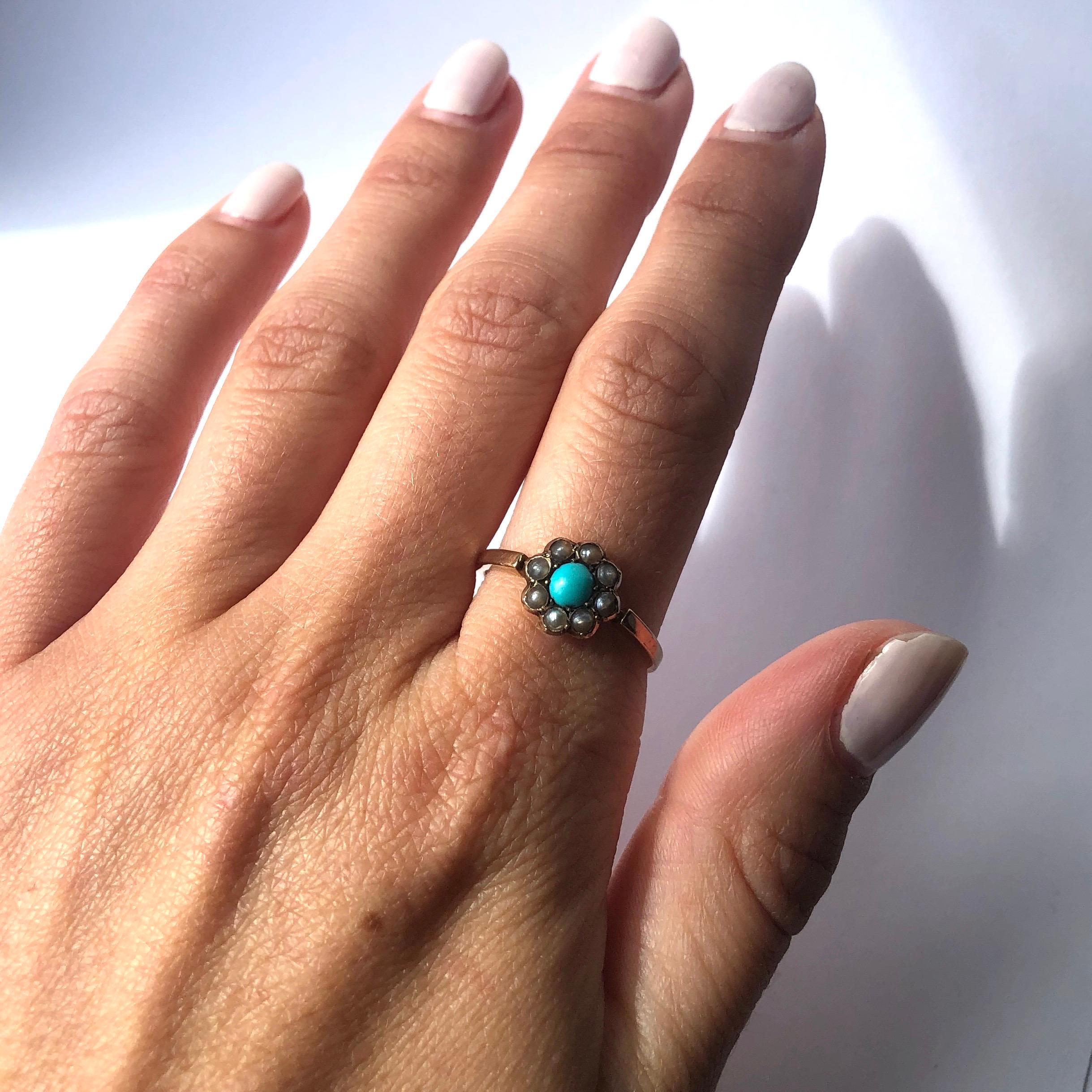 Edwardian Turquoise and Pearl 9 Carat Gold Cluster Ring In Good Condition For Sale In Chipping Campden, GB