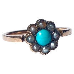 Edwardian Turquoise and Pearl 9 Carat Gold Cluster Ring