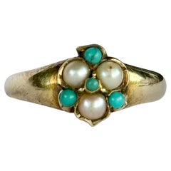 Bague édouardienne en or 9 carats ornée de turquoises et de perles