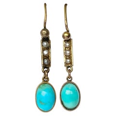 Edwardian Turquoise and Pearl 9 Carat Gold Dangle Earrings