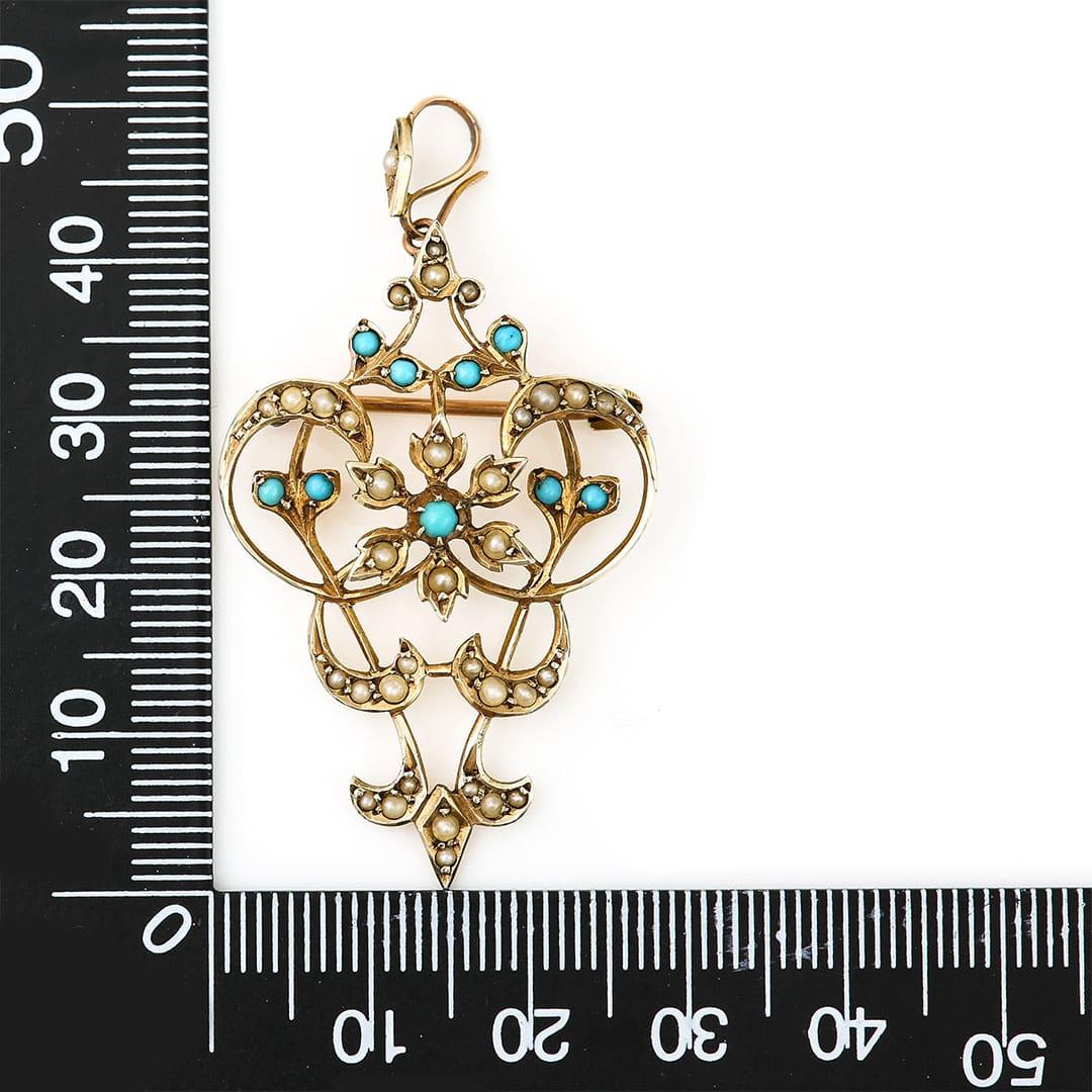 Edwardian Turquoise and Pearl Pendant Brooch Circa 1915 5