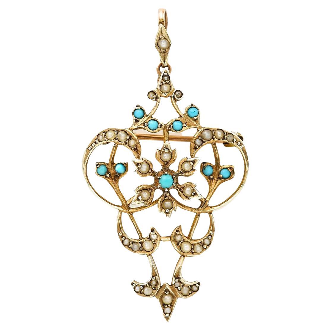 Edwardian Turquoise and Pearl Pendant Brooch Circa 1915