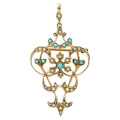 Edwardian Turquoise and Pearl Pendant Brooch Circa 1915