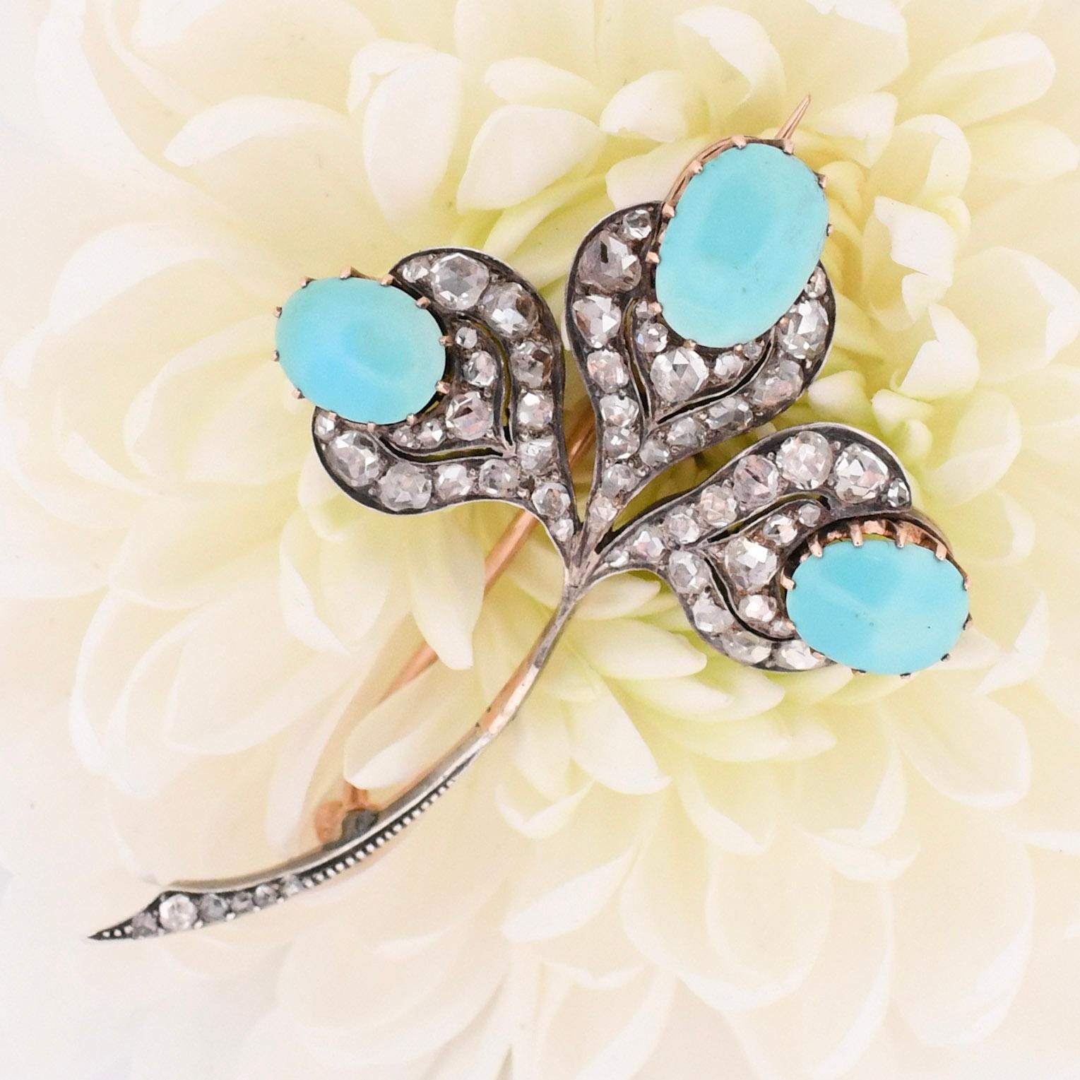 Edwardian Turquoise Cabochon & Diamond Clover Floral Antique Brooch Art Deco In Good Condition For Sale In Addison, TX