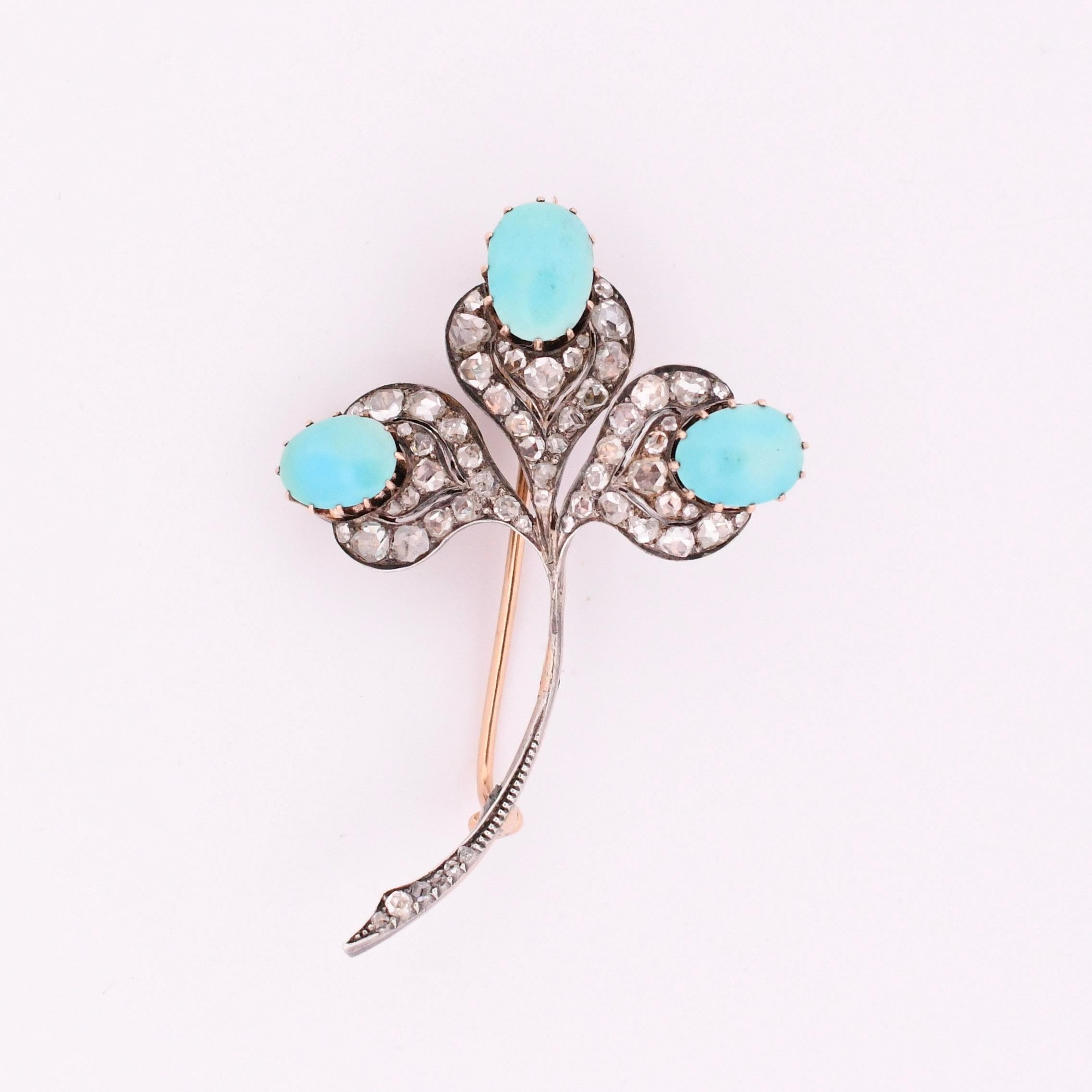 Edwardian Turquoise Cabochon & Diamond Clover Floral Antique Brooch Art Deco For Sale 5