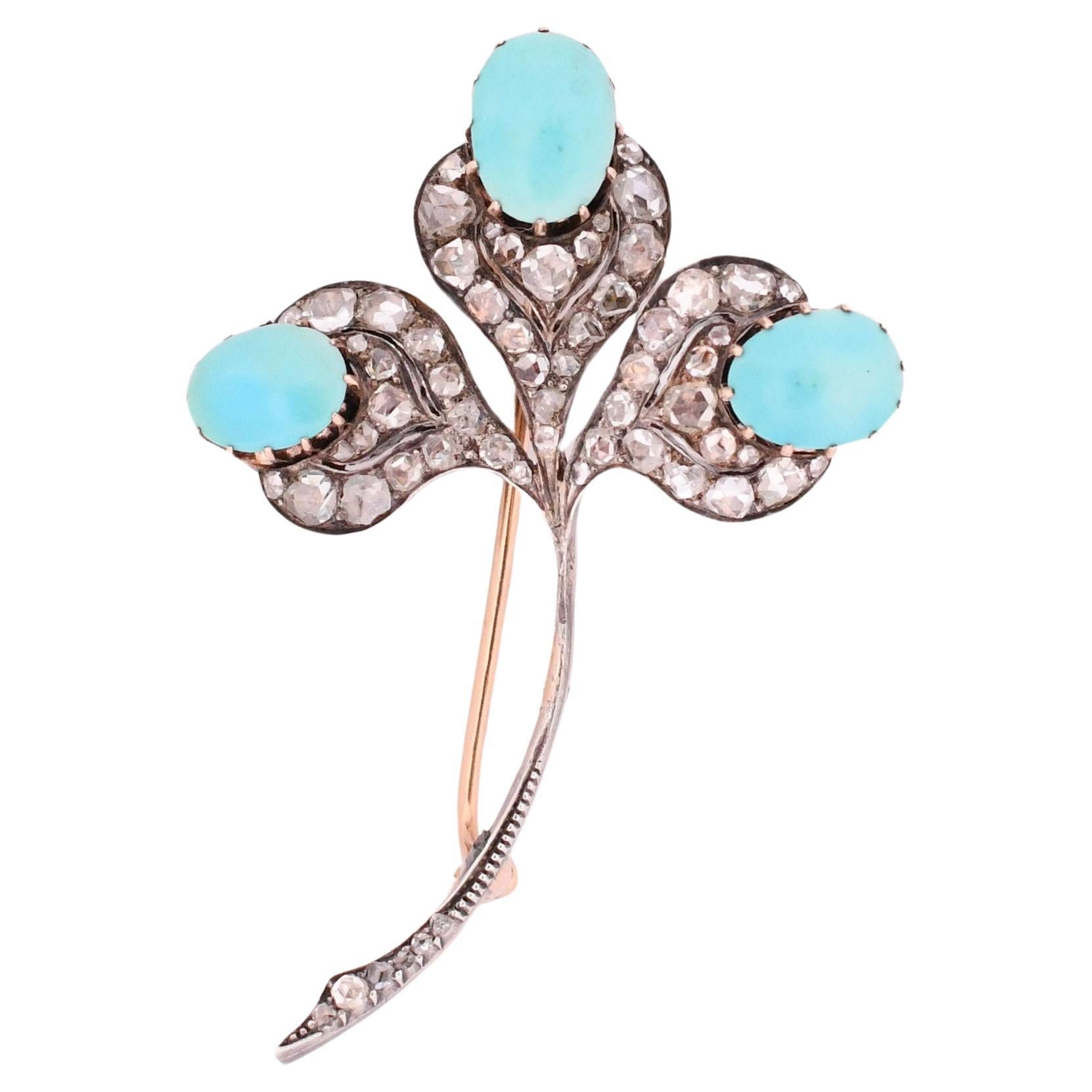 Edwardian Turquoise Cabochon & Diamond Clover Floral Antique Brooch Art Deco For Sale