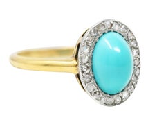 Edwardian Turquoise Cabochon Diamond Platinum-Topped 18 Karat Yellow Gold Ring