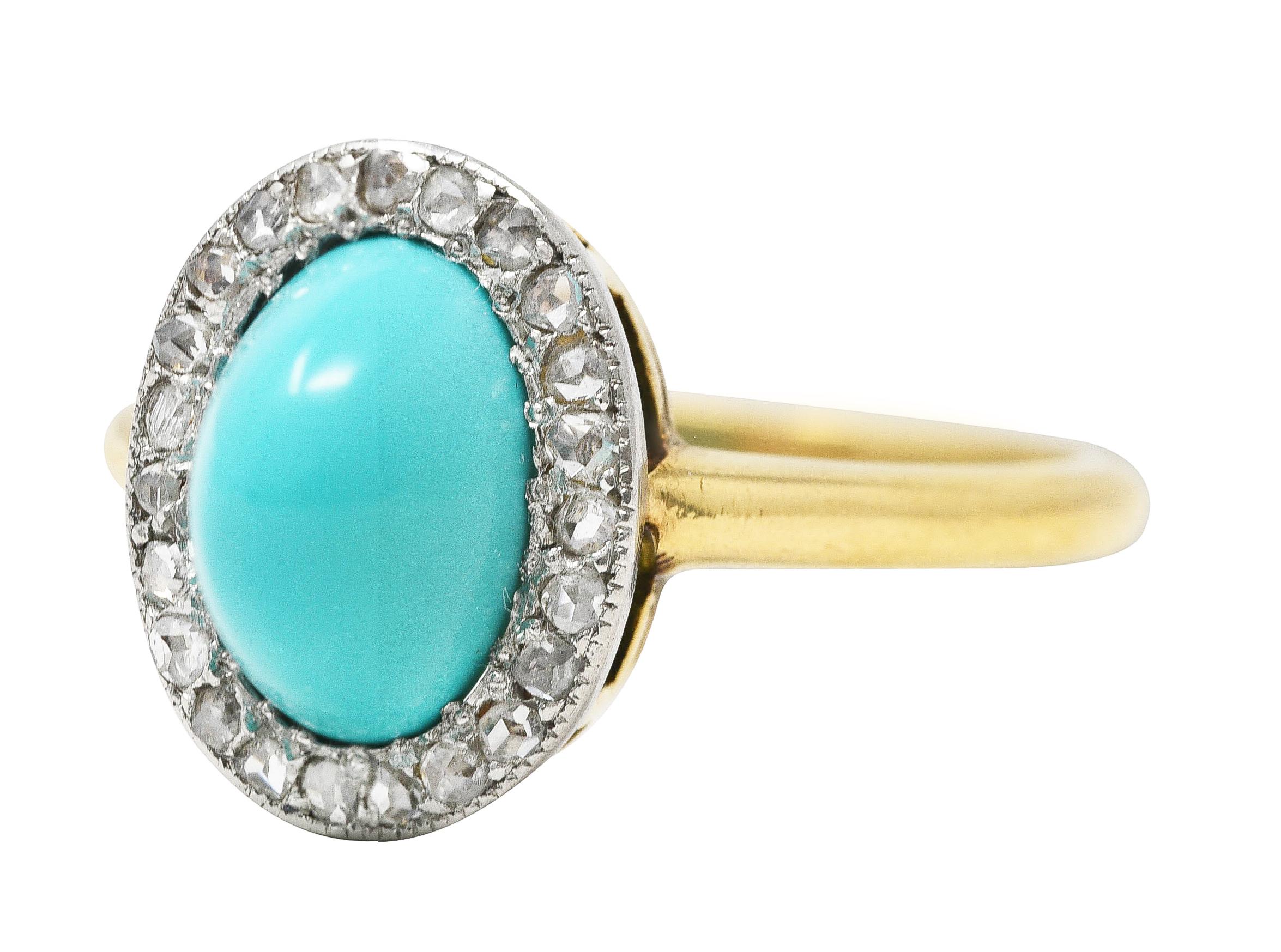 Women's or Men's Edwardian Turquoise Cabochon Diamond Platinum-Topped 18 Karat Yellow Gold Ring