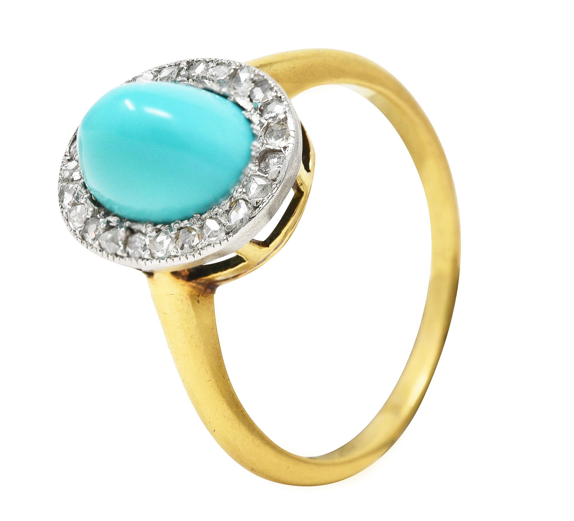 Edwardian Turquoise Cabochon Diamond Platinum-Topped 18 Karat Yellow Gold Ring 1