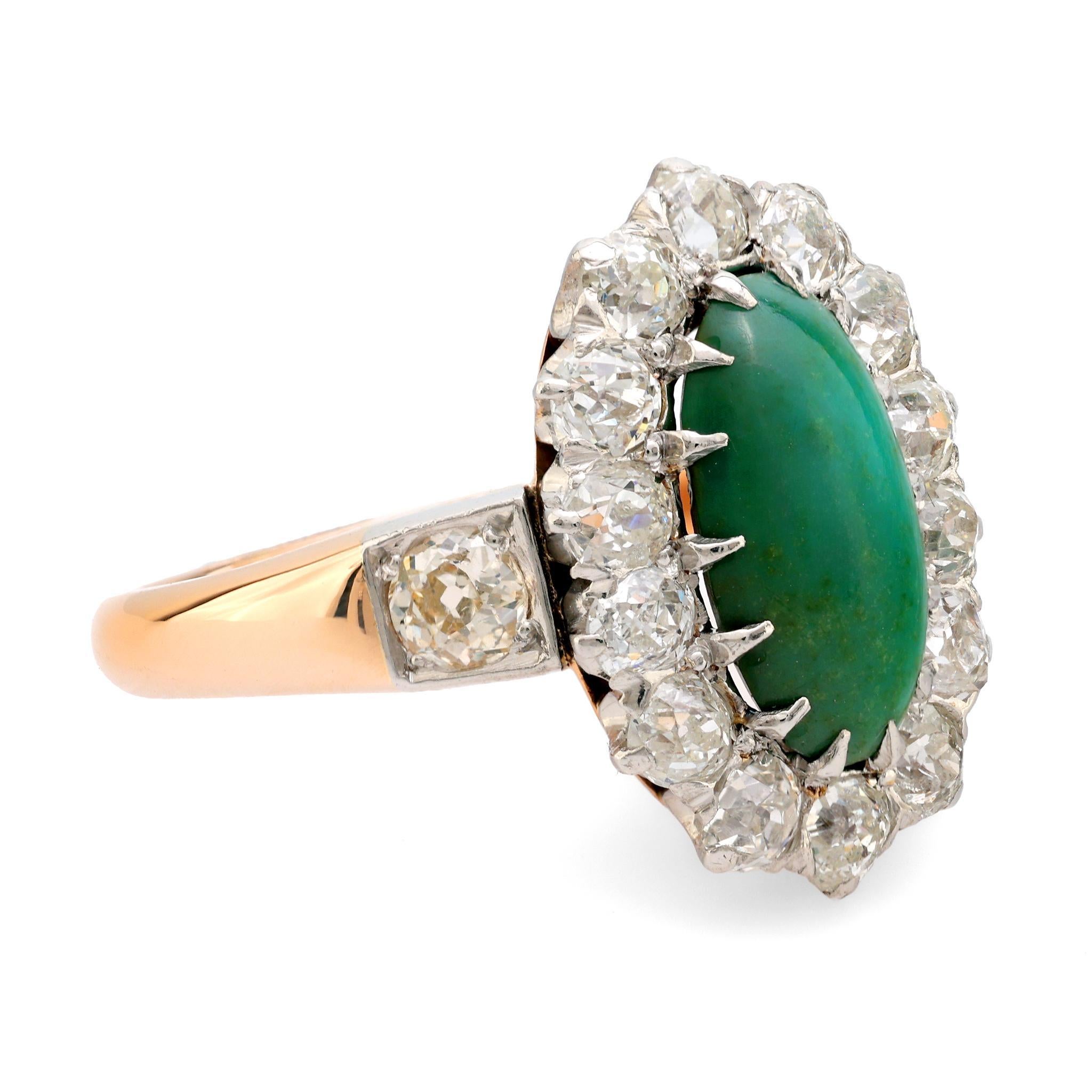 Cabochon Edwardian turquoise diamond 14k rose gold cluster ring