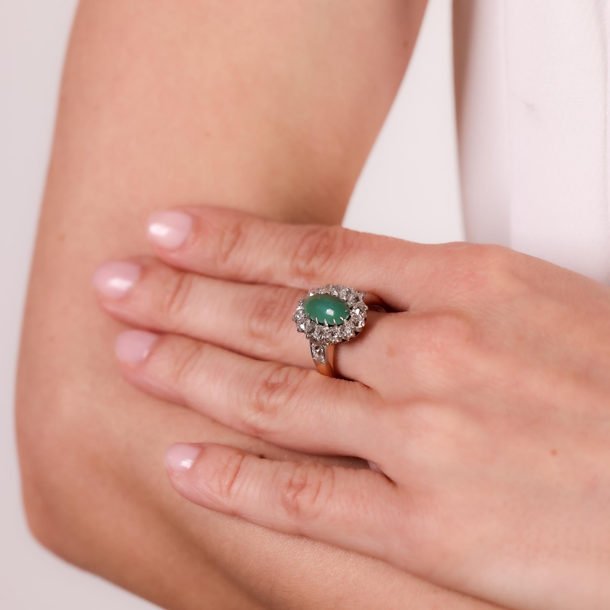 Edwardian turquoise diamond 14k rose gold cluster ring In Excellent Condition In Beverly Hills, CA