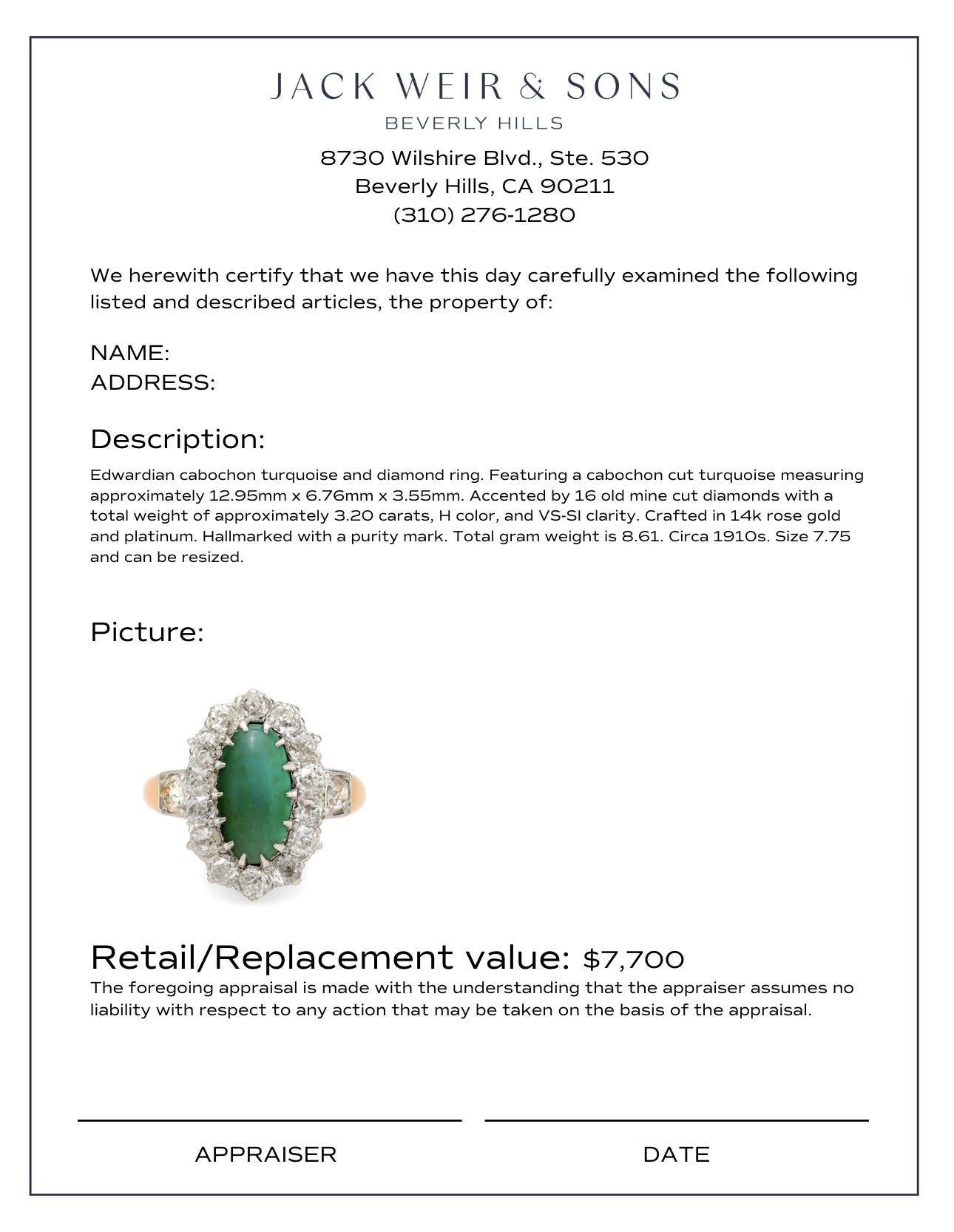Women's or Men's Edwardian turquoise diamond 14k rose gold cluster ring