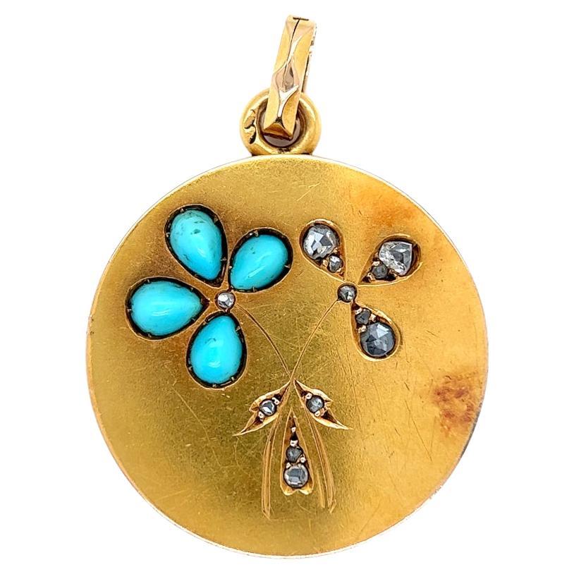 Edwardian Turquoise Diamond 18 Karat Yellow Gold Locket