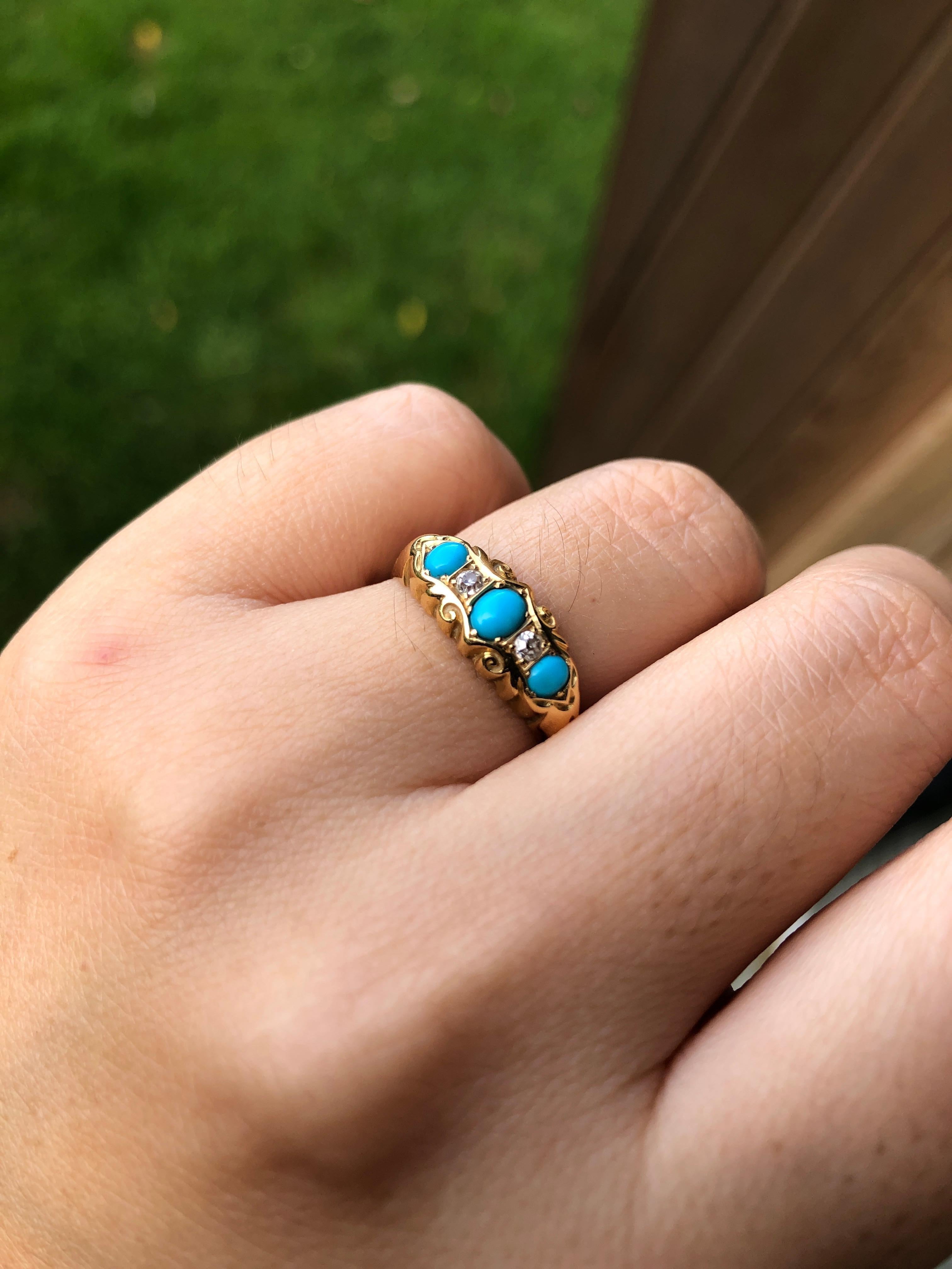 Old European Cut Edwardian Turquoise Diamond Five-Stone Antique Ring