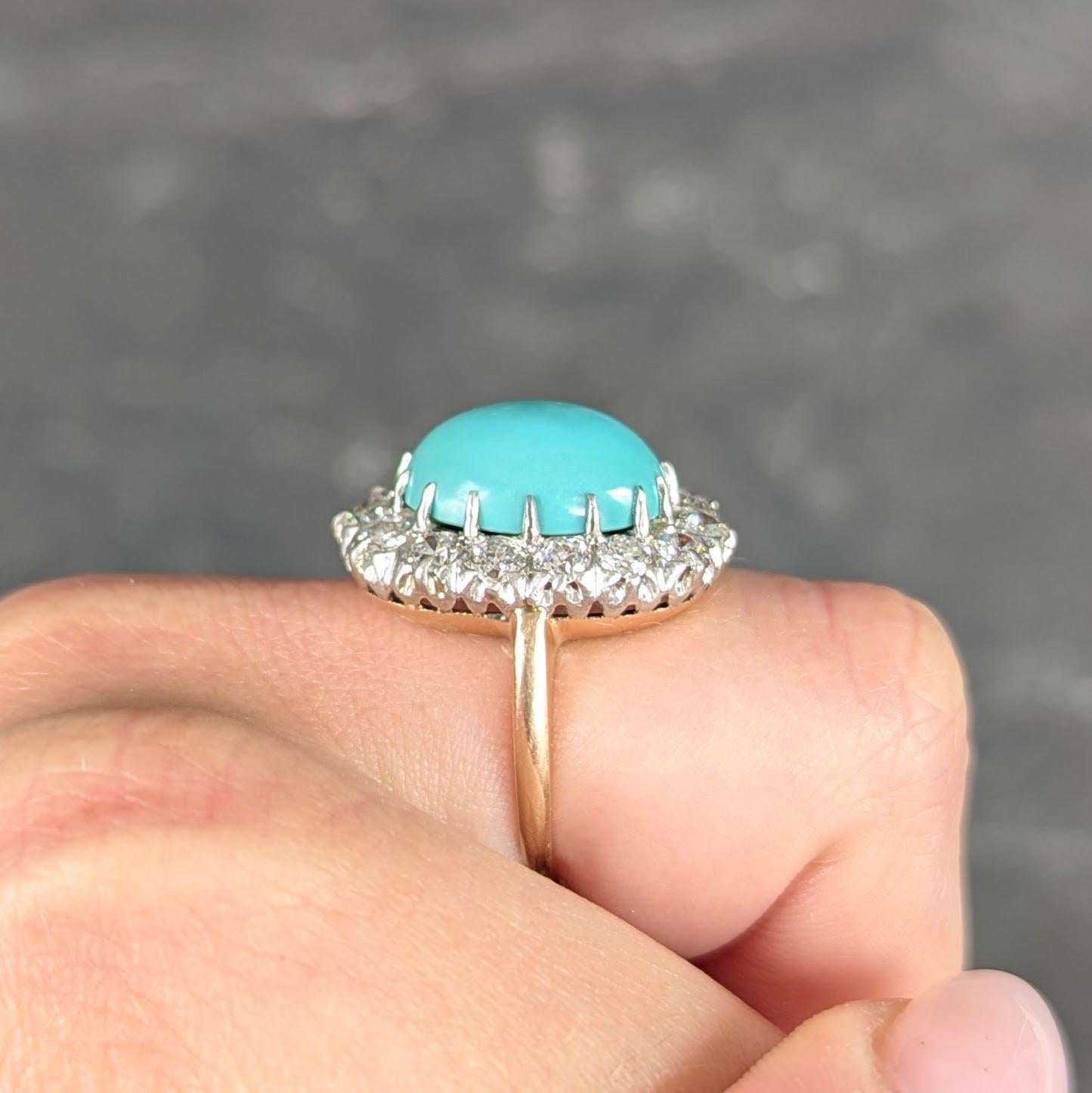 Edwardian Turquoise Diamond Platinum 14 Karat Yellow Gold Antique Halo Ring in vendita 4
